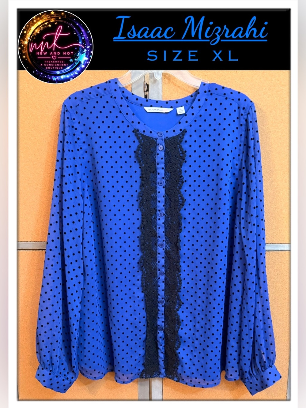 Isaac Mizrahi Live! Blue Swiss Dot Long Sleeve Lace Trim Top Blouse Size XL